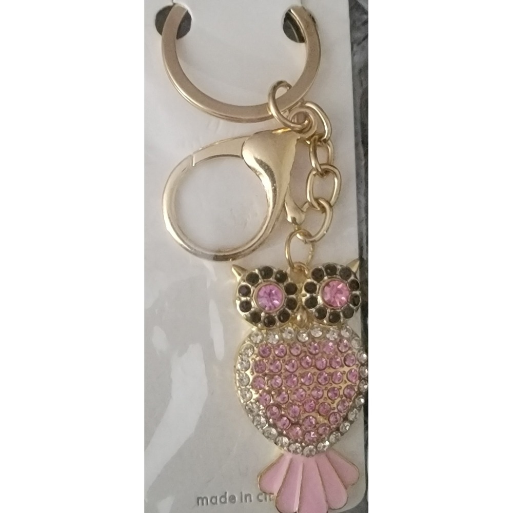 Mint Pink Rhinestone Owl Keychain Gold‎ Tone Bag Charm Bird Accessory New
